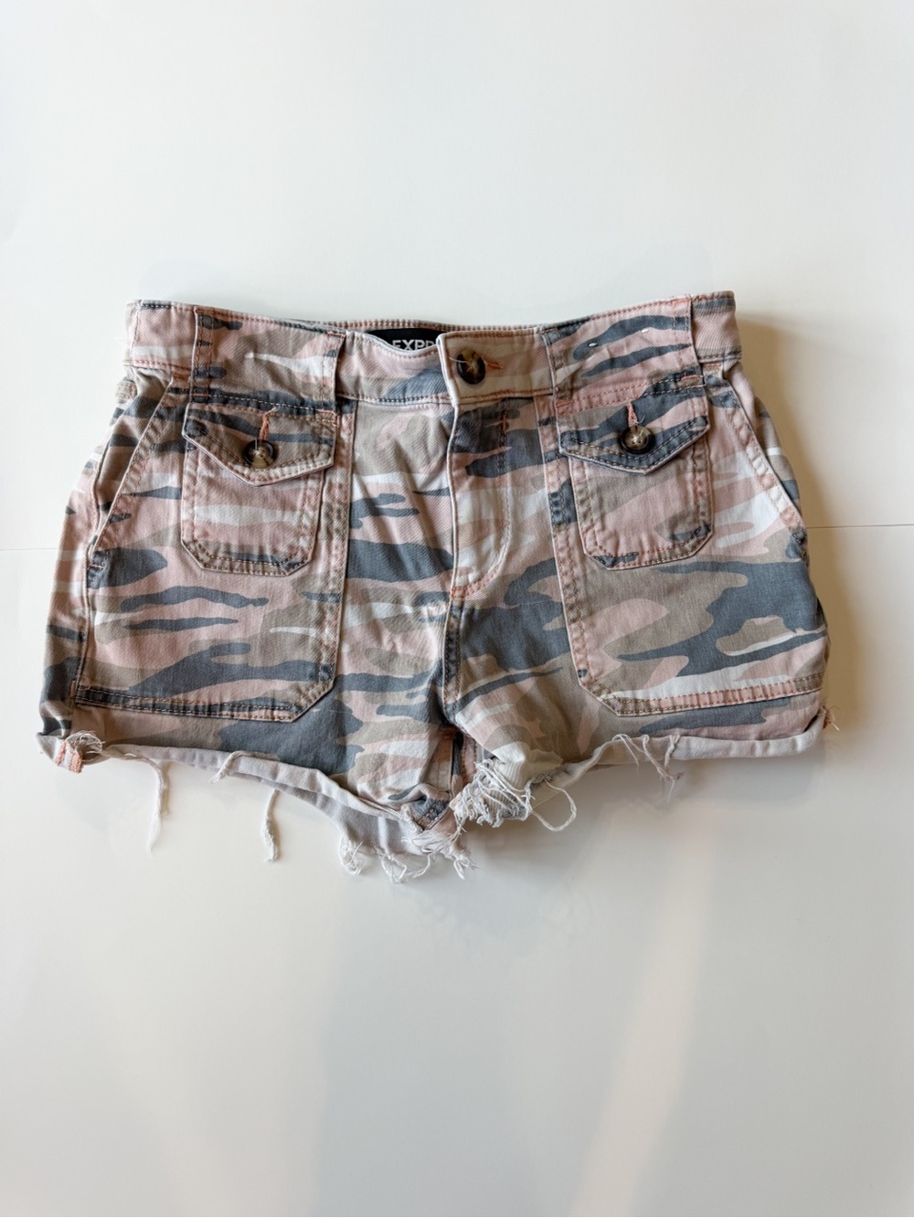 Express Pink & Gray Camo Denim Shorts